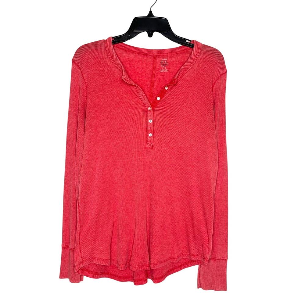 Aerie Henley Essential T-Shirt Women's Sz L Red Real Soft Boho Preppy Collegiate